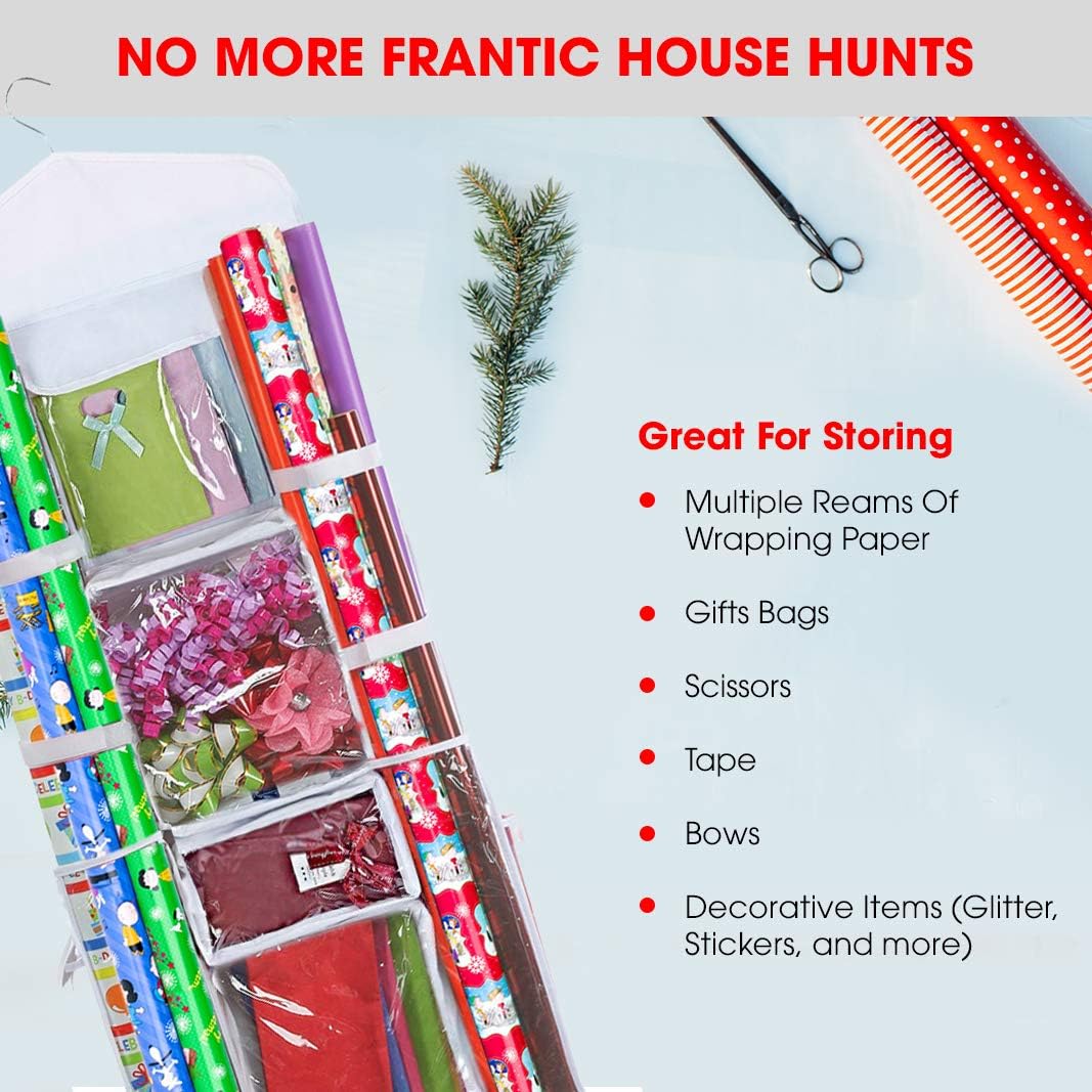 Primode Gift Wrap Organizer - Over The Door Wrapping Paper Storage With Double-Sided Pockets | 40”x17” (White)