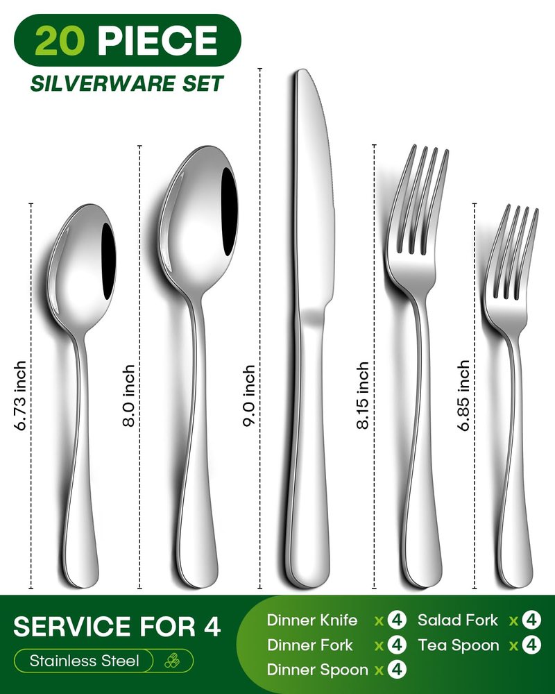 PHILIPALA 20 Piece Silverware Set, Stainless Steel Flatware Set for 4 Food Grade Novelty Flatware Cutlery Utensil Set Include Knife Fork Spoon Mirror Polished Dishwasher Safe