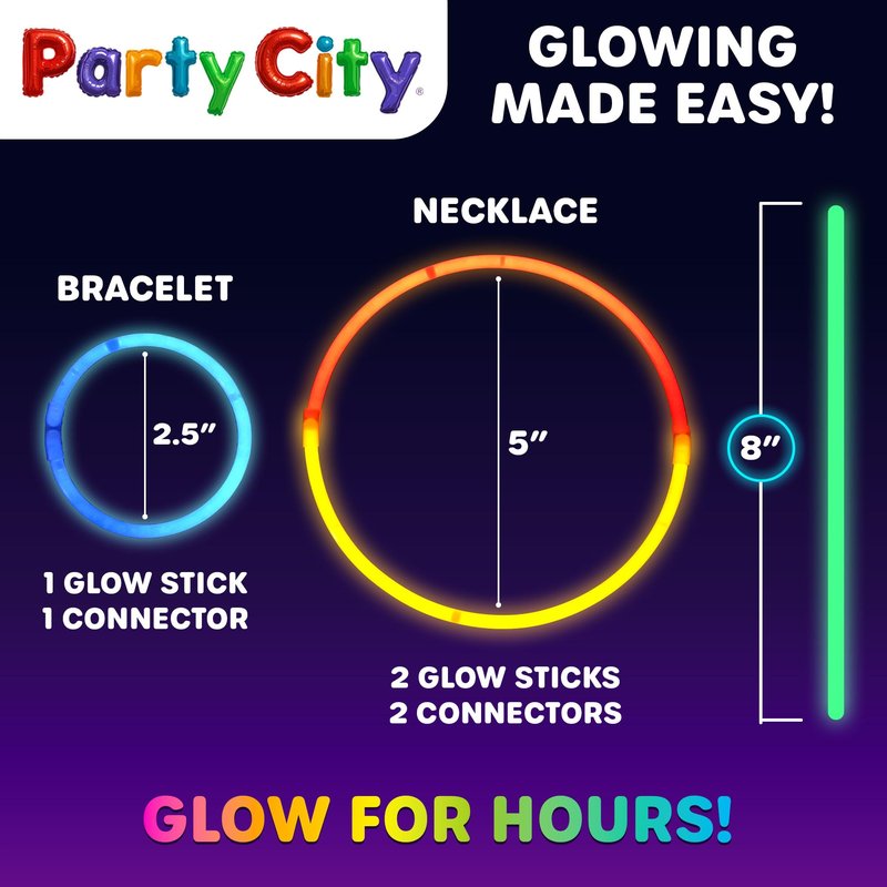 Party City 100 Glow Sticks Bulk Party Pack 8”– Neon Glow in the Dark Party Supplies, Glowsticks with Connectors Bracelets & Necklaces, Light Up Favors for Kids, Adults, Birthdays, Parties, Decorations
