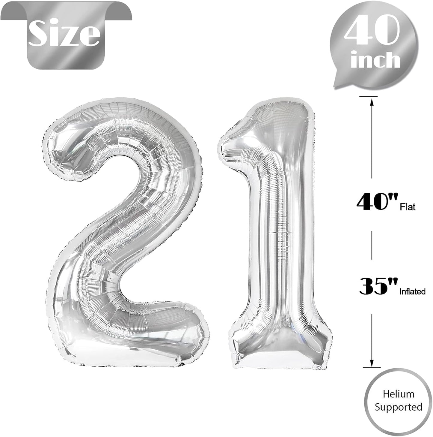 Skiennix 21 Balloon Number - 40 Inch Silver Birthday Decoration for 21st Anniversary Celebrations
