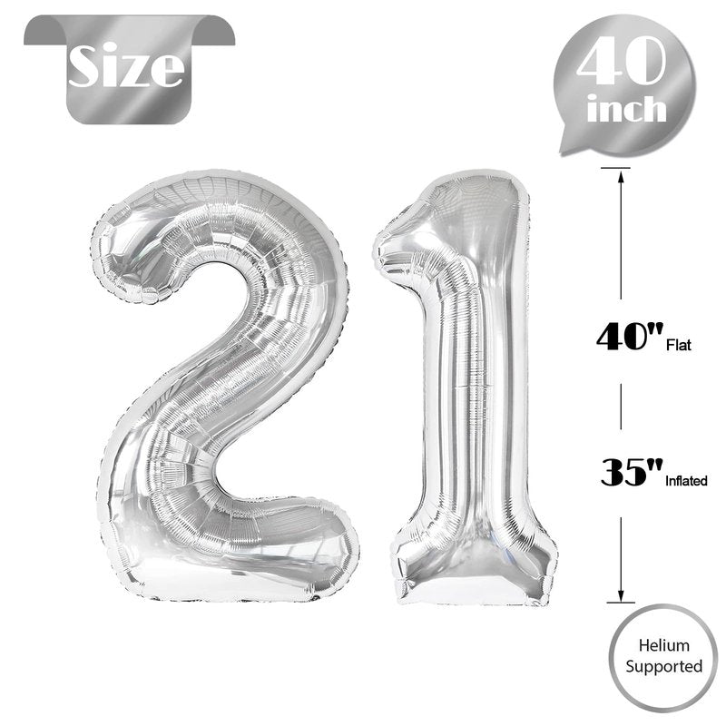 Silver Number 21 Balloon 40 inch, 21 Number Balloons, 21st Silver Birthday Decorations for Girls Boys Kids, 21 Year Old Women Men Silver Party Supplies