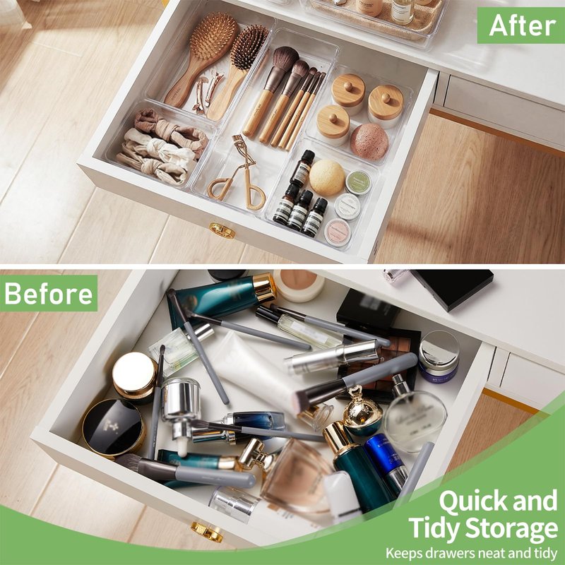 6 PCS Large Size Clear Plastic Drawer Organizer Tray, 12'' Acrylic Vanity Bathroom Drawer Organizers Trays, Desk Drawer Organizer Bins for Cosmetic, Makeup, Kitchen, Office Drawer Divider Organization