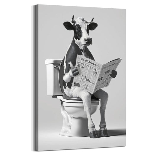 Animal Bathroom Wall Art Decor: Funny Cow Canvas Picture Black and White Bathroom Print Artwork Fun Animal on Toilet Painting for Home Restroom Farmhouse