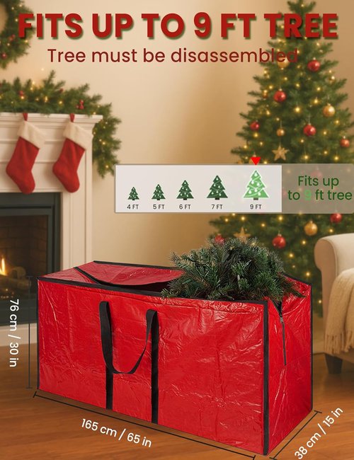 Christmas Tree Storage Bag | Heavy-Duty Waterproof Organizer for Up to 9ft Trees - Large Red with Reinforced Handles