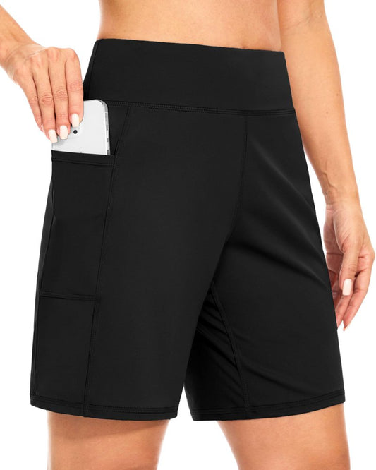 Blouty Women's 7" Bermuda Shorts with Pockets High Waisted Stretch Athletic Long Shorts for Women Workout Casual (Black, X-Large)