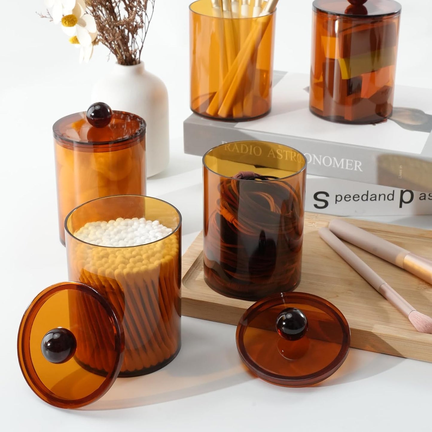 XIPENGKEJI Qtip Holder Set - 4 Pack Apothecary Jars with Lids for Cotton Swabs & Pads | 10oz-12oz Brown