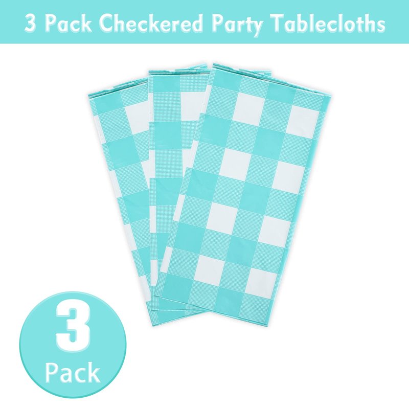 Kesfey 3 Packs Aqua and White Gingham Table Cloths 54 x 108 Inches Disposable Plastic Checkered Tablecovers Waterproof Rectangle Picnic Party Table Covers for Birthday Party Supplies Christmas