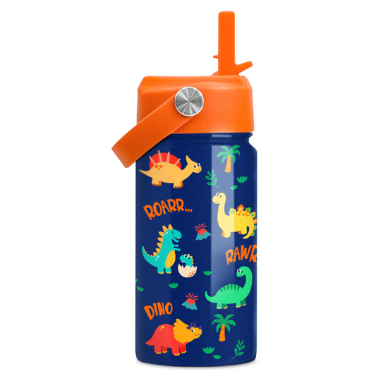 Dinosaur Water Bottle for Boys - Kids Water Bottle with Straw Lid - 12 Oz Insulated Stainless Steel Water Bottles for Kid - Travel Cup for School Sports