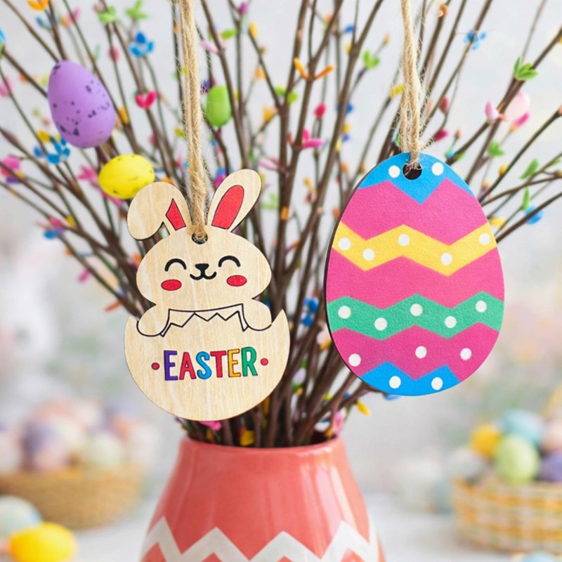 KENJOVIVO Artificial Easter Spray Vine with Pastel Easter Eggs and Berries, Wooden Eggs, Wood Rabbit & Happy Easter Ribbon, Easter Egg Twig Branches for Spring Floral Stems Home Decoration