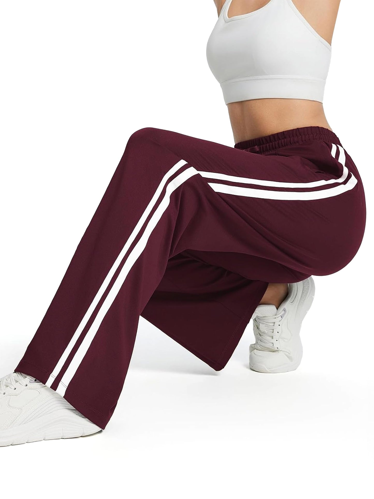 Tapata Extra Tall Woman 36" Inseam Stripes Sweat Pant High Waisted Drawstring Gym Exercise Lounge Joggers, Burgundy, XL