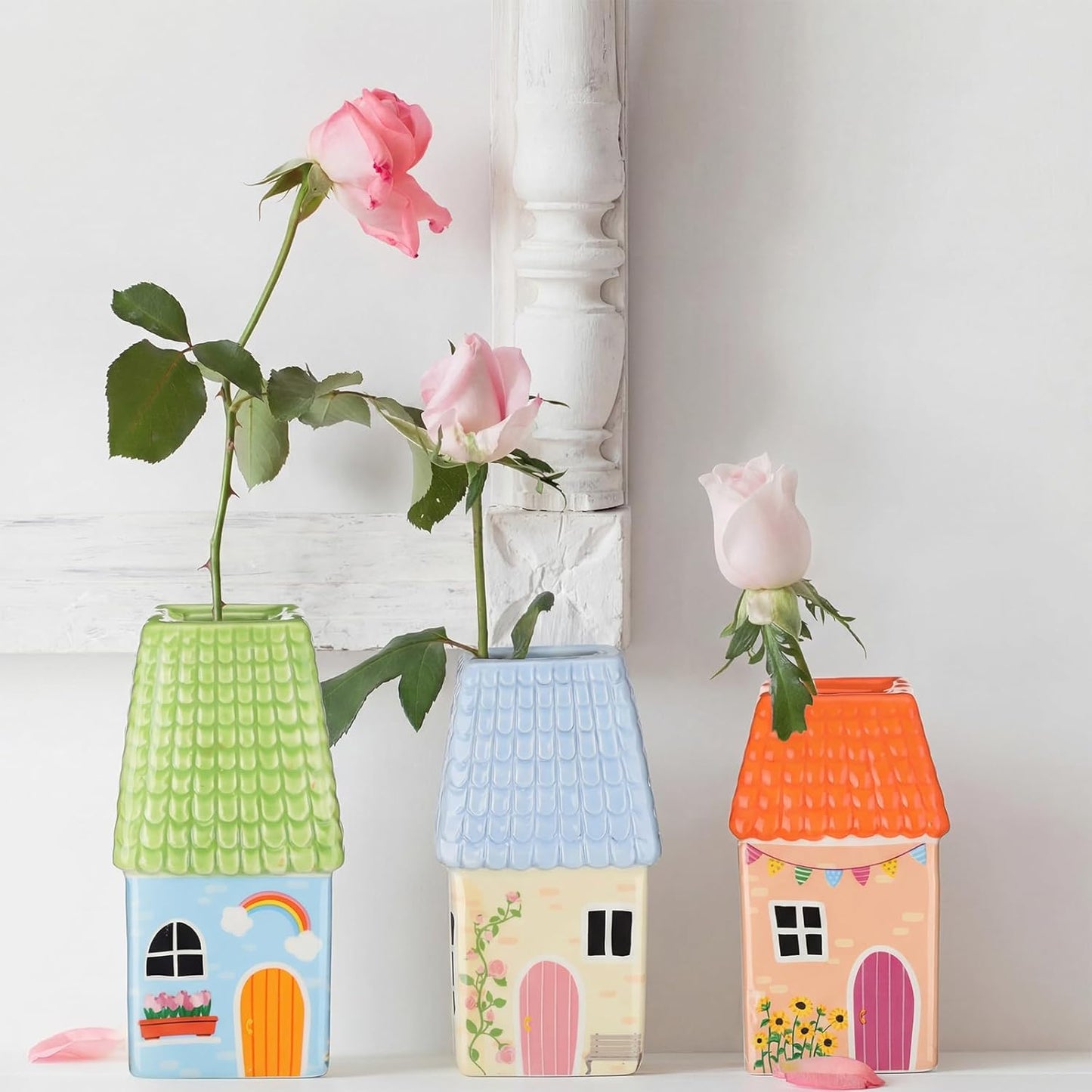 Remerry Ceramic House Shape Vase - Mini Handmade Decorative Flower Container | 2.4 x 3.8 Inch Green