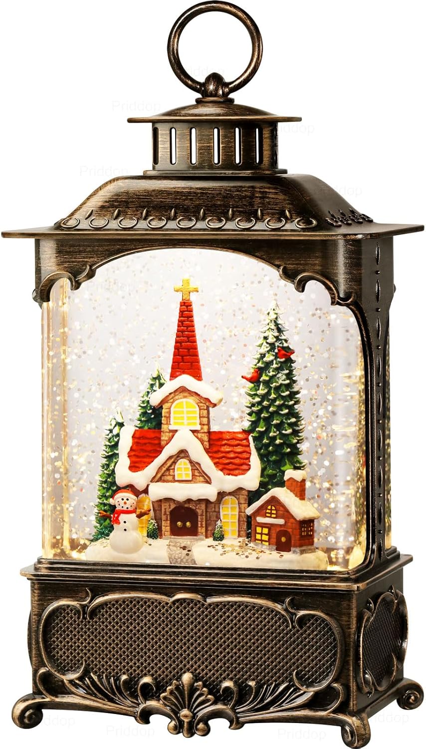 Priddop Church Snow Globe | Christmas Decorations with Snowman, Cabin & Cardinal - 10.2 Inch USB/Battery Timer