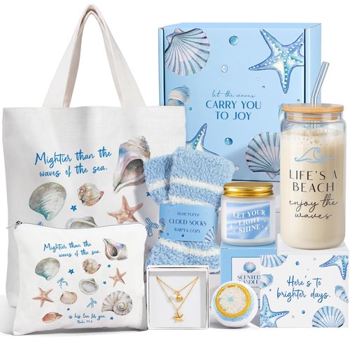 Gifts for Women, 8pcs Ocean Happy Birthday Gifts for Women, Christmas Ideas Inspirational Get Well Soon Gift Baskets Mothers Day Box w/ Seashell Tote Bag for Her Mom Sister Friend Friendship