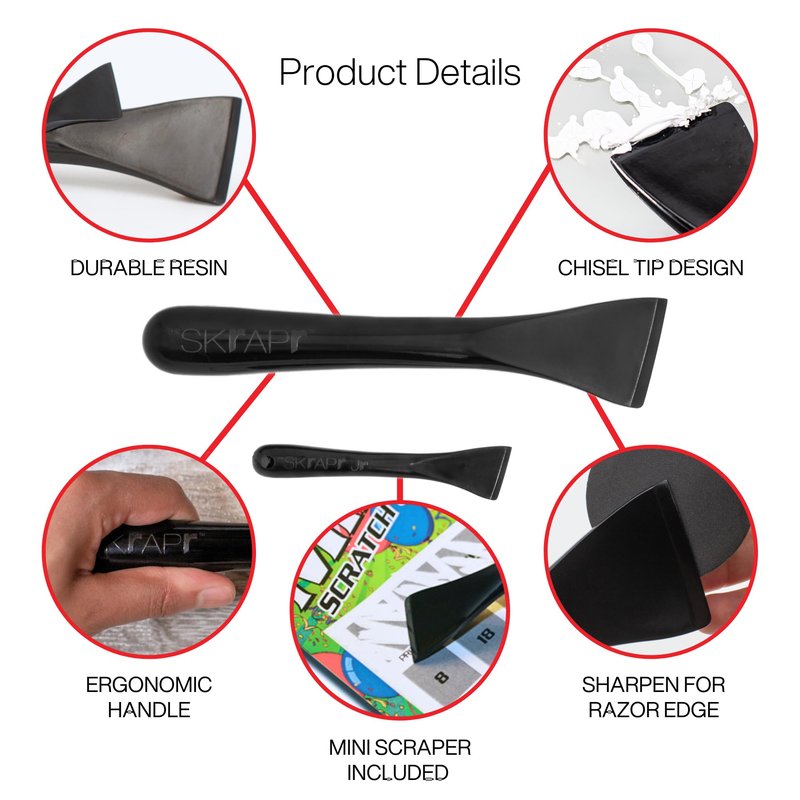 THE SKrAPr Plastic Scraper Tool, 2 Pack, Non-Scratch, 1.7 Inch Wide Blade, Long Ergonomic Handle, Heat Resistant (460F), Dishwasher Safe - Clean Ovens, Countertops, Hard Floors, Walls, and Windows