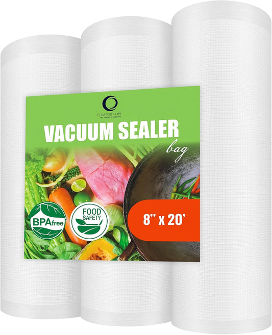 Premium Vacuum Sealer Bag Rolls - Custom Cut for Freezer & Sous Vide - Durable Food Storage, 3 Pack (8"x20')