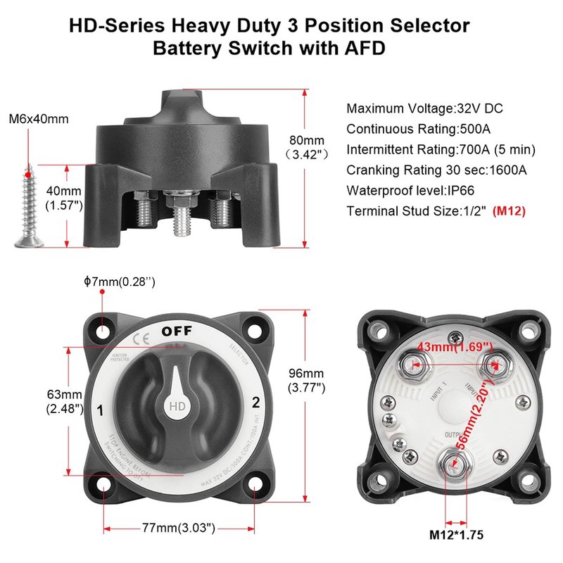 600A Master Battery Power Cut Disconnect Switch Isolator Single Circuit ON Off IP66 3 Studs for RV Gasoline Powered Boat Marine
