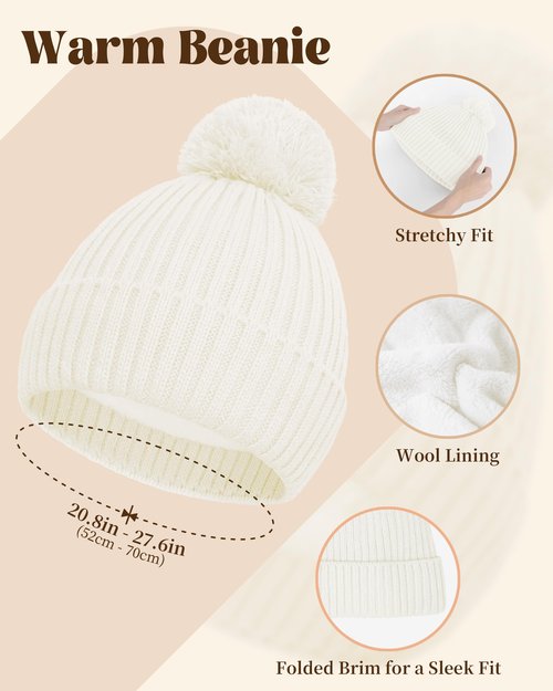 DODOKIE 5 Pieces Winter Beanie Hat Scarf Gloves Touchscreen & Thick Socks Set for Women, Knit Fleece Lined Cold Weather Warm Outfits Accessories, Gifts for Her Mom Christmas Stocking Stuffers (White)