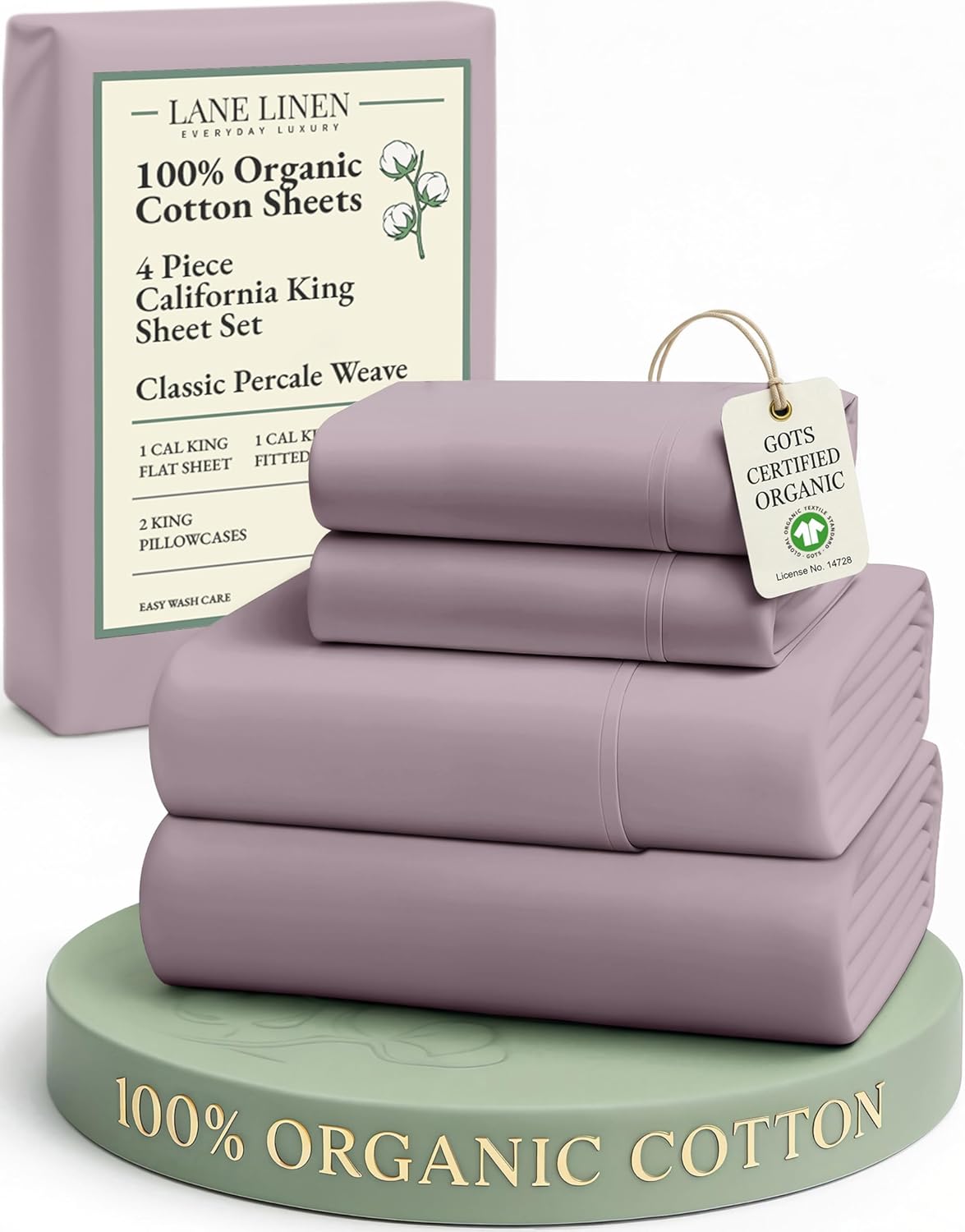 LANE LINEN 100% Organic Cotton Cal King Bed Sheets - Luxury Soft Percale, Oeko-Tex Certified, Lilac Color