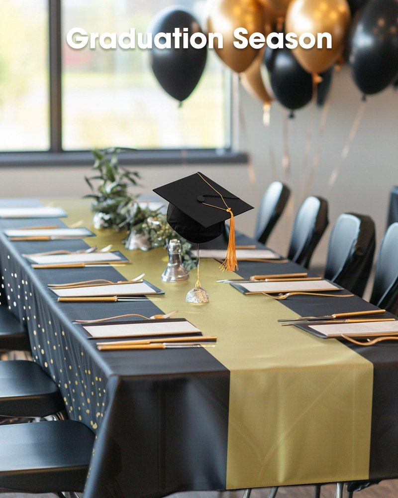 Pureegg Plastic Table Cloth Disposable 10 Pack, 54 x 108 Inch, Table Runner Style, Graduation Decorations 2026, Party Tablecloths, Rectangle, Plastic Cover, Leakproof & Sturdy, Black Gold