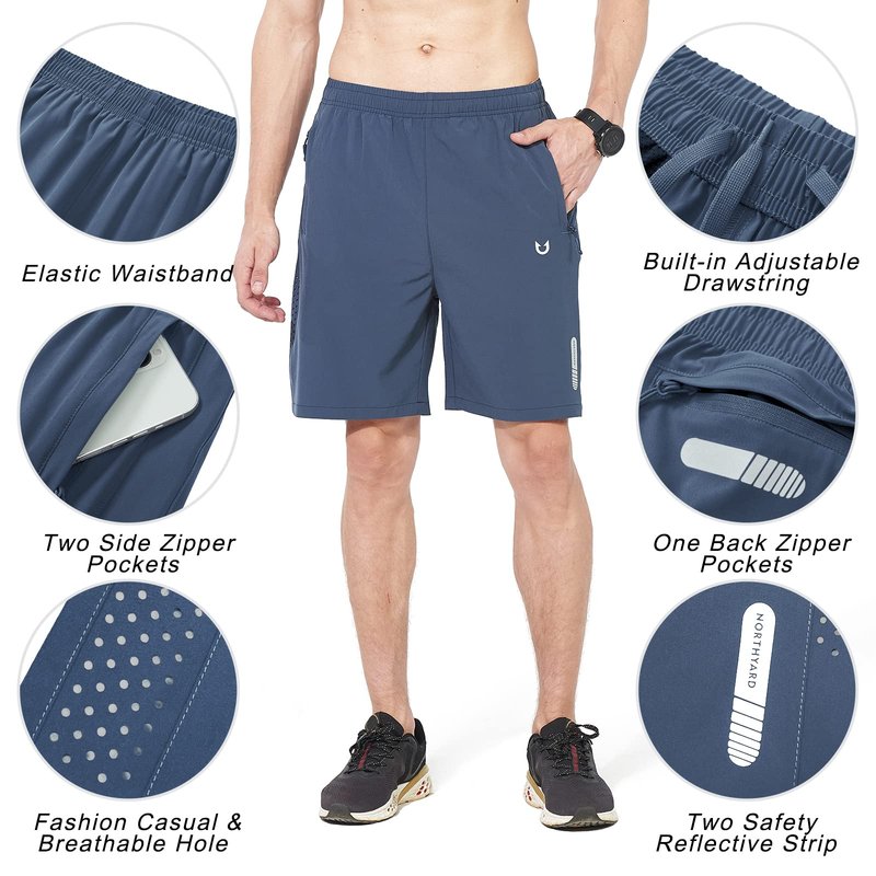 NORTHYARD Men's Athletic Running Shorts Gym Workout 7"/9"/5" Quick Dry Lightweight Sports Basketball Tennis 3 Zipper Pockets FEDERALBLUE 2XL