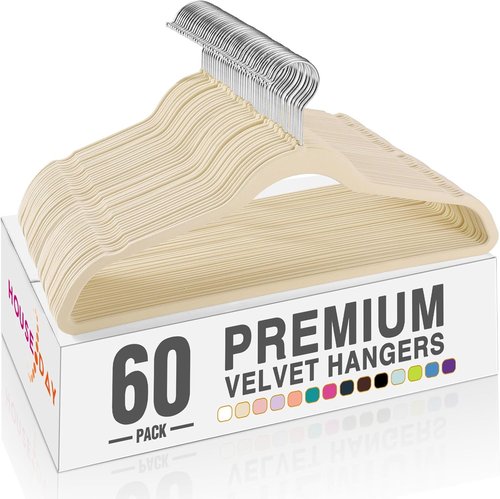 HOUSE DAY Beige Velvet Hangers - 60 Pack Non-Slip Heavy Duty Clothes Hangers | Slim Space-Saving Design with 360° Rotating Hook