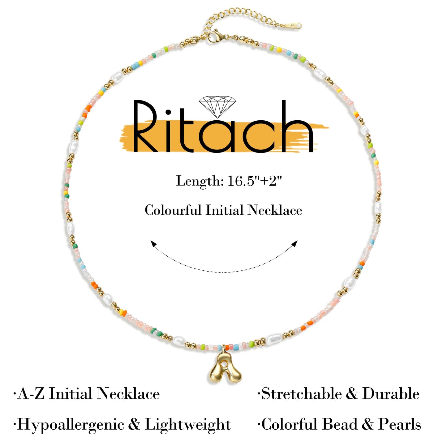 Ritach Initial Necklaces for Women Jewelry - Letter T Necklace Colorful Initial Necklaces for Women Beaded Boho Necklace Summer Beach Jewelry