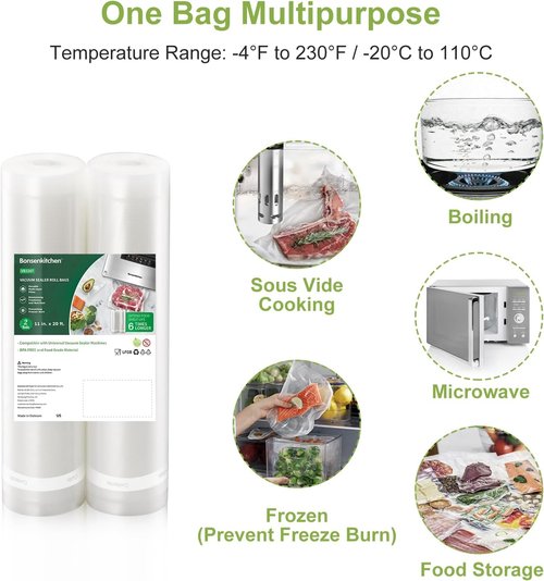 Bonsenkitchen Vacuum Sealer Bags - Heavy Duty 11" x 20' Rolls | BPA Free Food Storage & Sous Vide Cooking