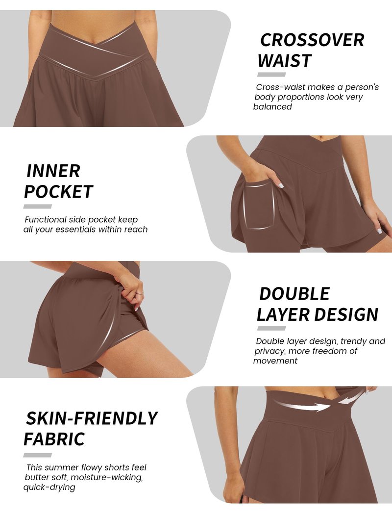 FireSwan Crossover Athletic Shorts for Women 2 in 1 Flowy Running Shorts with Pockets Spandex Butterfly Workout Tennis Skorts Brown