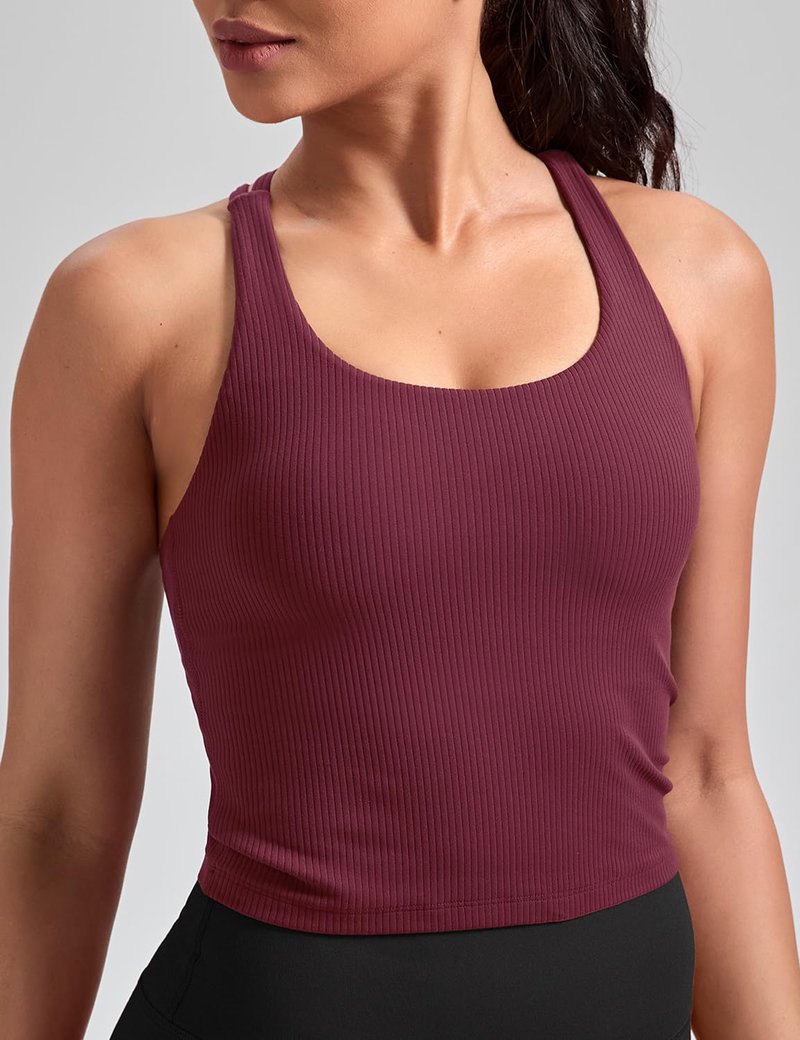 HeyNuts Zeal Longline Ribbed Sports Bras for Women, Medium Impact Wirefree Yoga Tank Tops Criss Cross Back Crop Tops Workout Bras Cassis XL