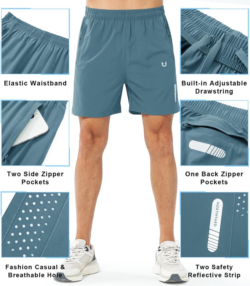 NORTHYARD Men's Athletic Running Shorts Gym Workout 7"/9"/5" Quick Dry Lightweight Sports Basketball Tennis 3 Zipper Pockets GREYBLUE-5inch 4XL