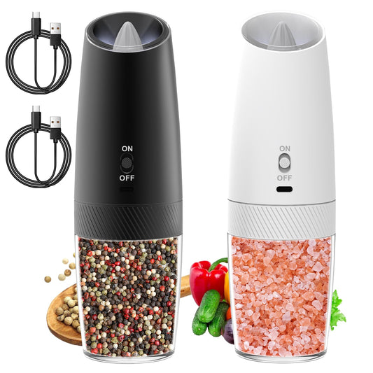 QTDHG Electric Salt and Pepper Grinder Set Rechargeable Gravity Pepper and Salt Mill Grinder Set Type-C Fast Charging, Adjustable Coarseness, Large Capacity with LED Light (Black White-2pcs)