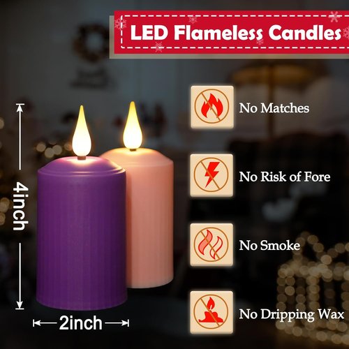 Daord D2 x H4 Advent LED Candles - Set of 4 Flameless Pillar Candles in Purple & Pink for Christmas Decor