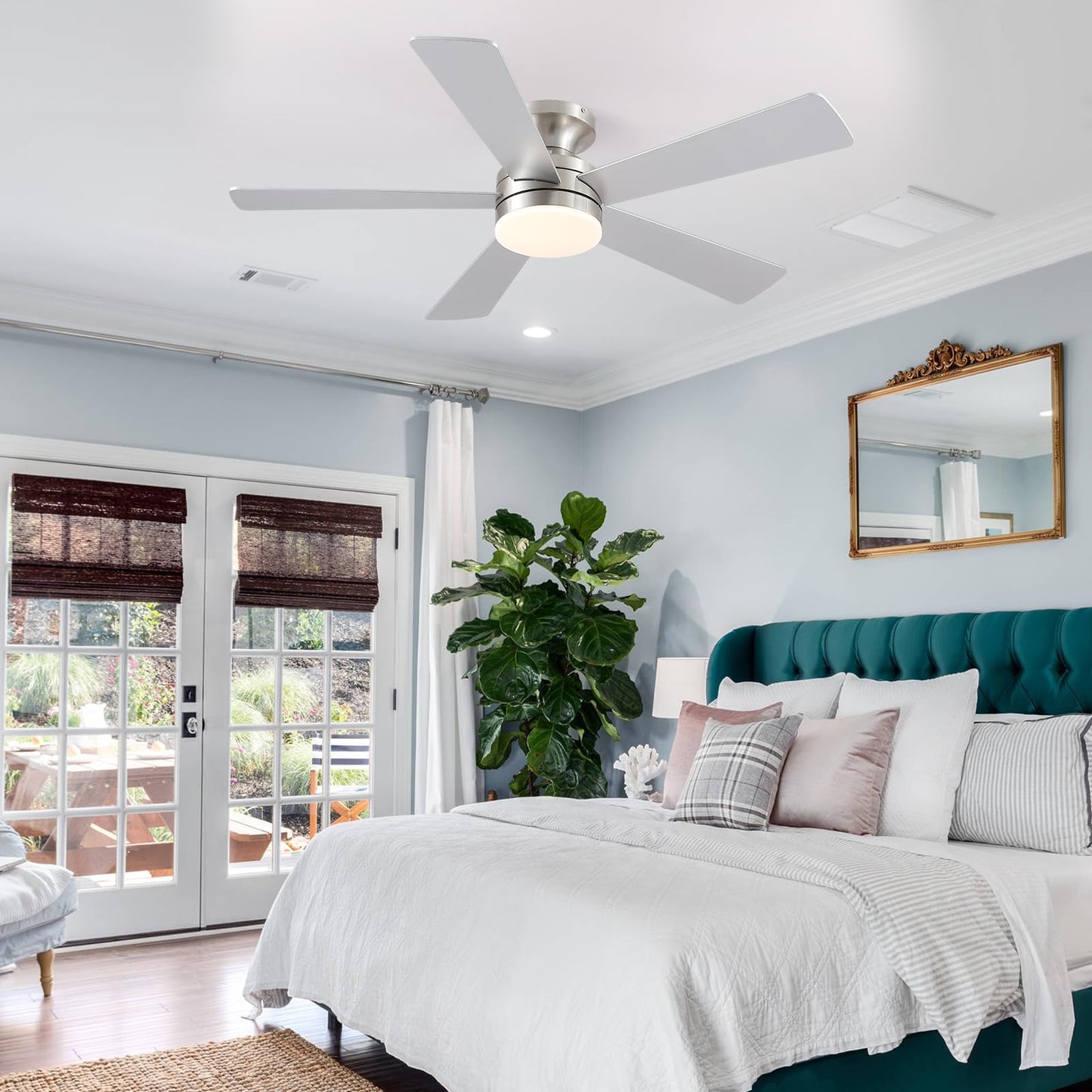 BYKISTOK 46IN Ceiling Fan with Lights and Remote/APP - Flush Mount Low Profile Ceiling Fan Light with 3CCT Dimmable, 6 Speeds Reversible, Modern Fan Light Fixture for Indoor, Covered Patios, Nickel