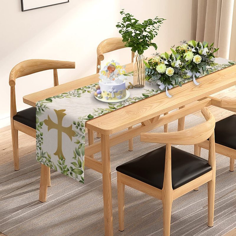 Pudodo Baptism Table Runner God Blessed First Communion Christian Cross Baby Shower Party Kitchen Dining Home Decoration (13" x 72", Green)