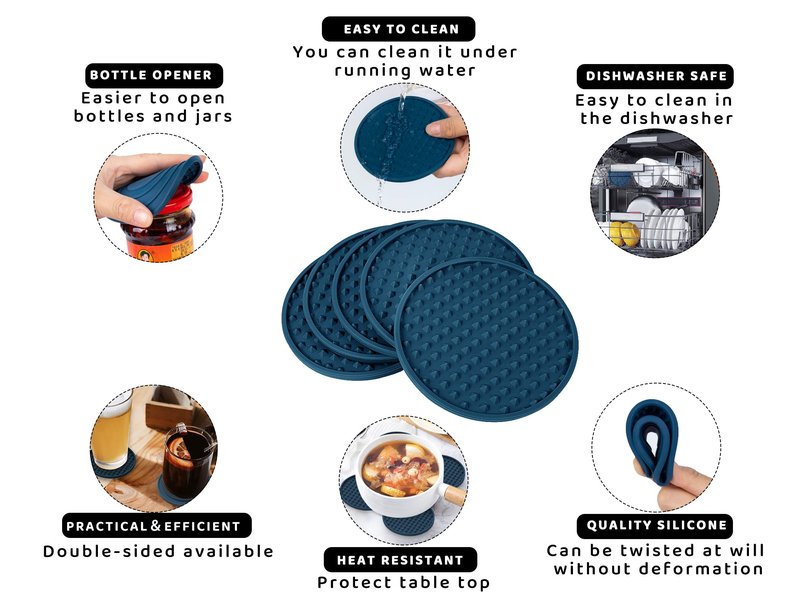 KEHOUXRE Coasters for Drinks 6 Pcs Drink Coaster with Holder,Heat Resistant Silicone Cup Mat Tabletop Protection,Non-Slip Rubber Coasters for Kinds of Cups (Blue)