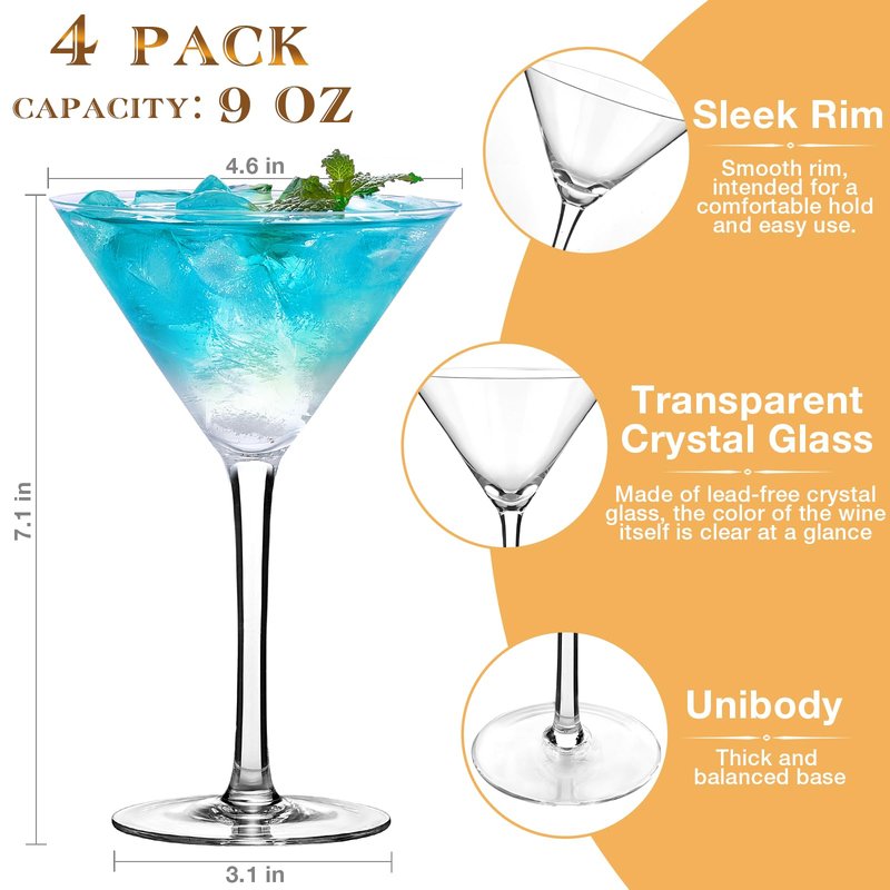 Qipecedm Martini Glasses Set of 4, 9 oz Crystal Cocktail Glasses, Hand Blown Crystal Martini Glasses for Espresso Martini, Cosmopolitan, Gimlet, Home Bar, Party, Martini Glassware Gift Set (Stem)