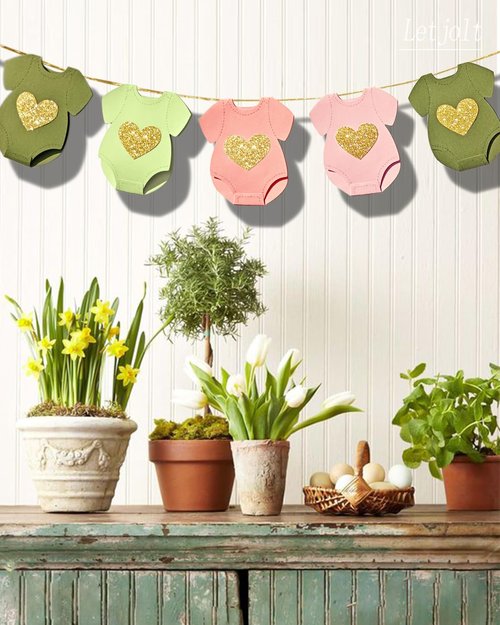 Green Pink Baby Shower Paper Garland Short-Sleeve Bodysuits Clothesline Garland Gender Reveal Birthday Banner Baby Outfit Pre - Strung Paper Decorations 9 pcs