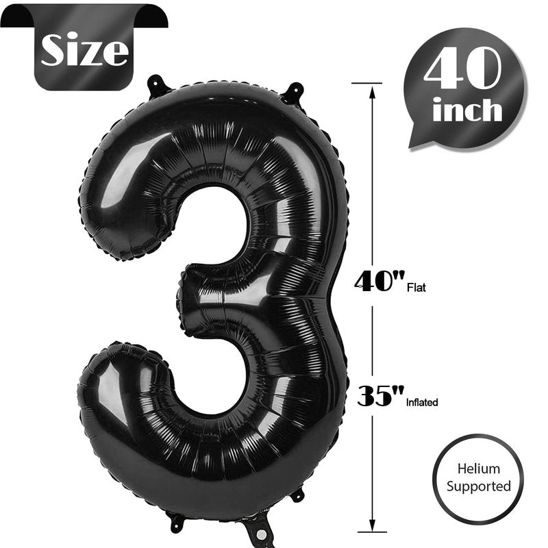 Black Number 3 Balloon 40 Inch, 3rd Birthday Celebration Supplies for Girls Boys Women Men, 3 Balloon for Girls Boys Theme Party