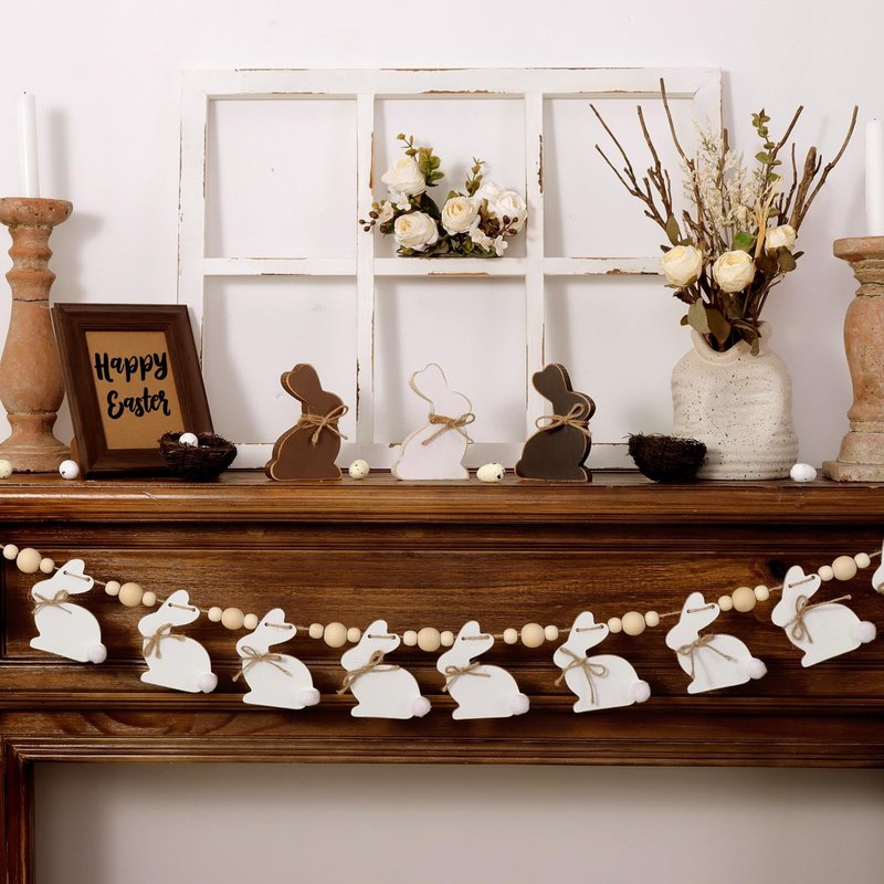 Easter Decorations Garlands, Cute Bunny Easter Garland with Wooden Beads, Rustic Banner for Mantel, Fireplace, Wall, Home, Farmhouse, Office, School Indoor Spring Decor Supplies