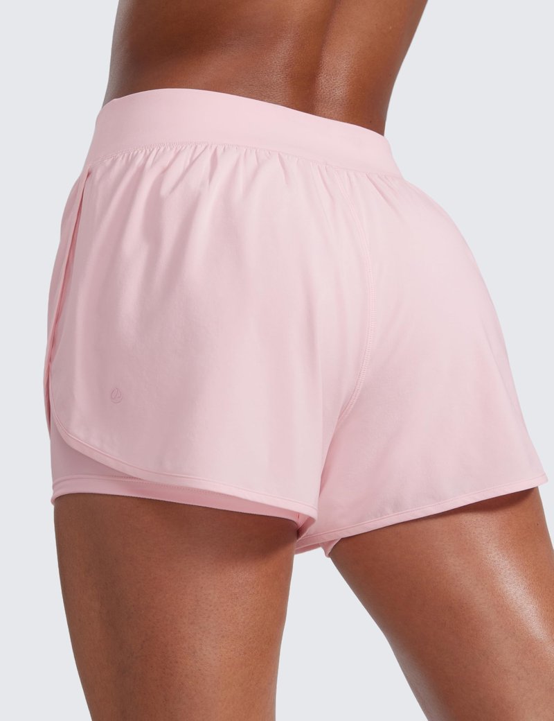 CRZ YOGA 2 in 1 Split Flat Rise Running Shorts for Women 3" - High Waisted Workout Athletic Gym Tennis with Pocket Strawberry Pink Medium
