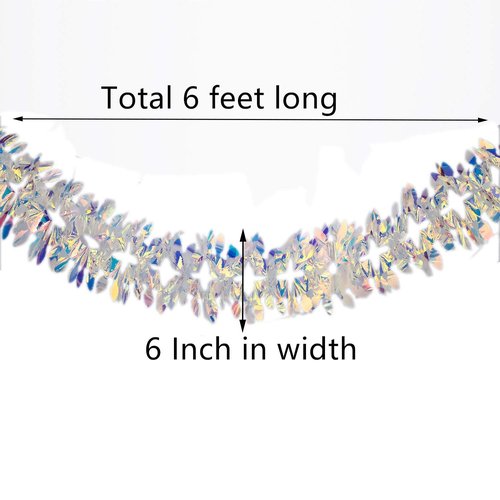 Iridescent Hanging Decorations Garland, 6ft Long Roll Shiny Foil Metallic Banner for Christmas, Bridal Shower, Wedding, Birthday, Frozen Theme Party, Fairy Princess Rainbow Show Decoration