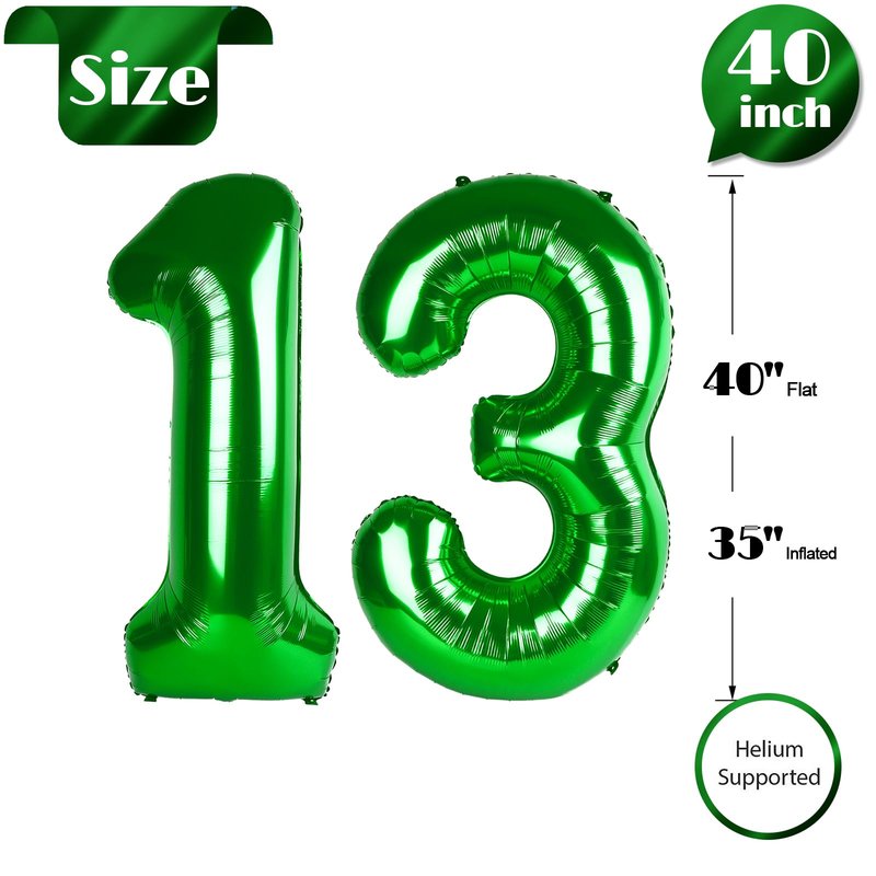 Dark Green Number 13 Balloon 40 Inch, 13th Birthday Party Decorations for Children, Giant 13 Foil Balloon for Party Supplies