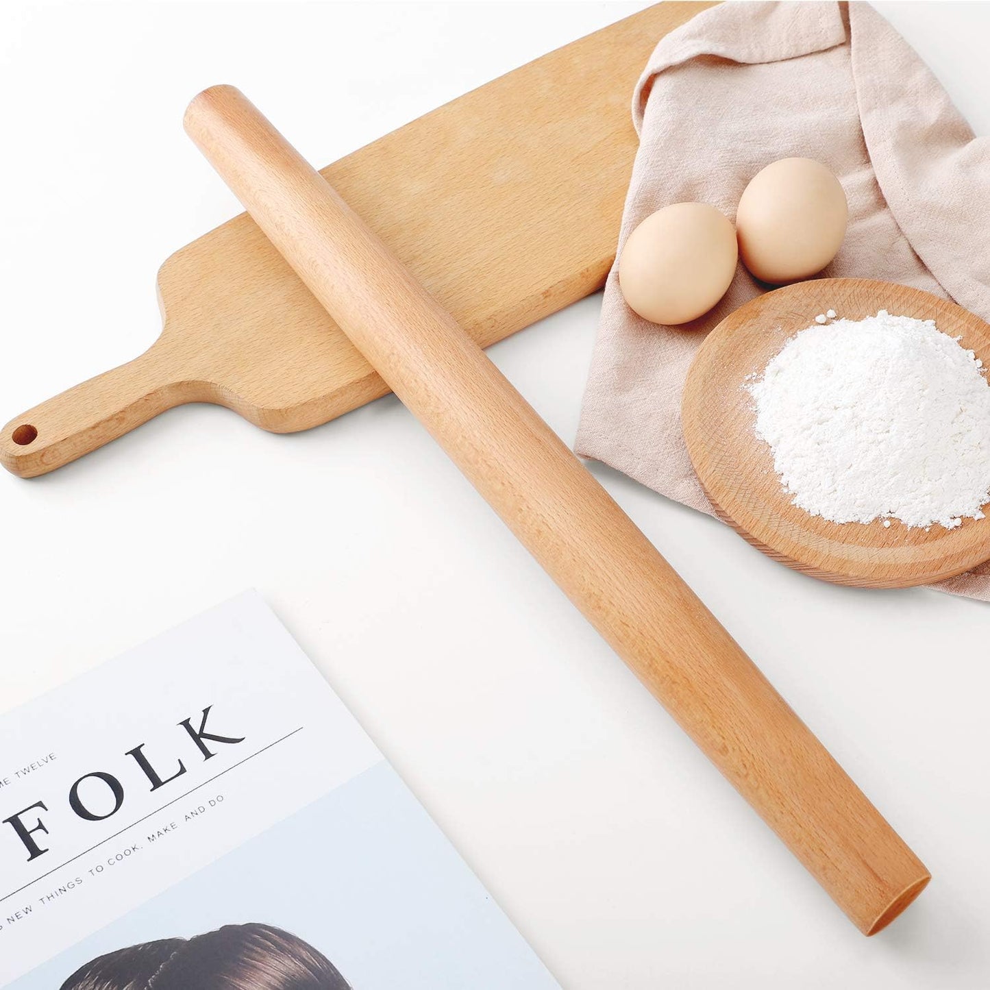 QUELLANCE Wooden Rolling Pin - Beech Wood Dough Roller with Silicone Baking Mat | Perfect for Pizza, Pastries, and Cookies