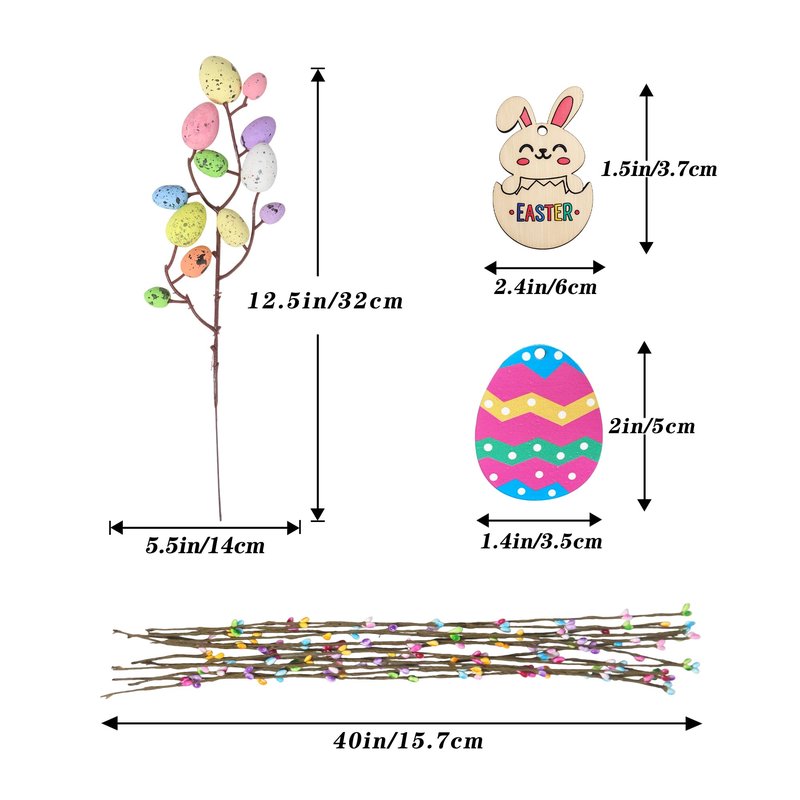 KENJOVIVO Artificial Easter Spray Vine with Pastel Easter Eggs and Berries, Wooden Eggs, Wood Rabbit & Happy Easter Ribbon, Easter Egg Twig Branches for Spring Floral Stems Home Decoration