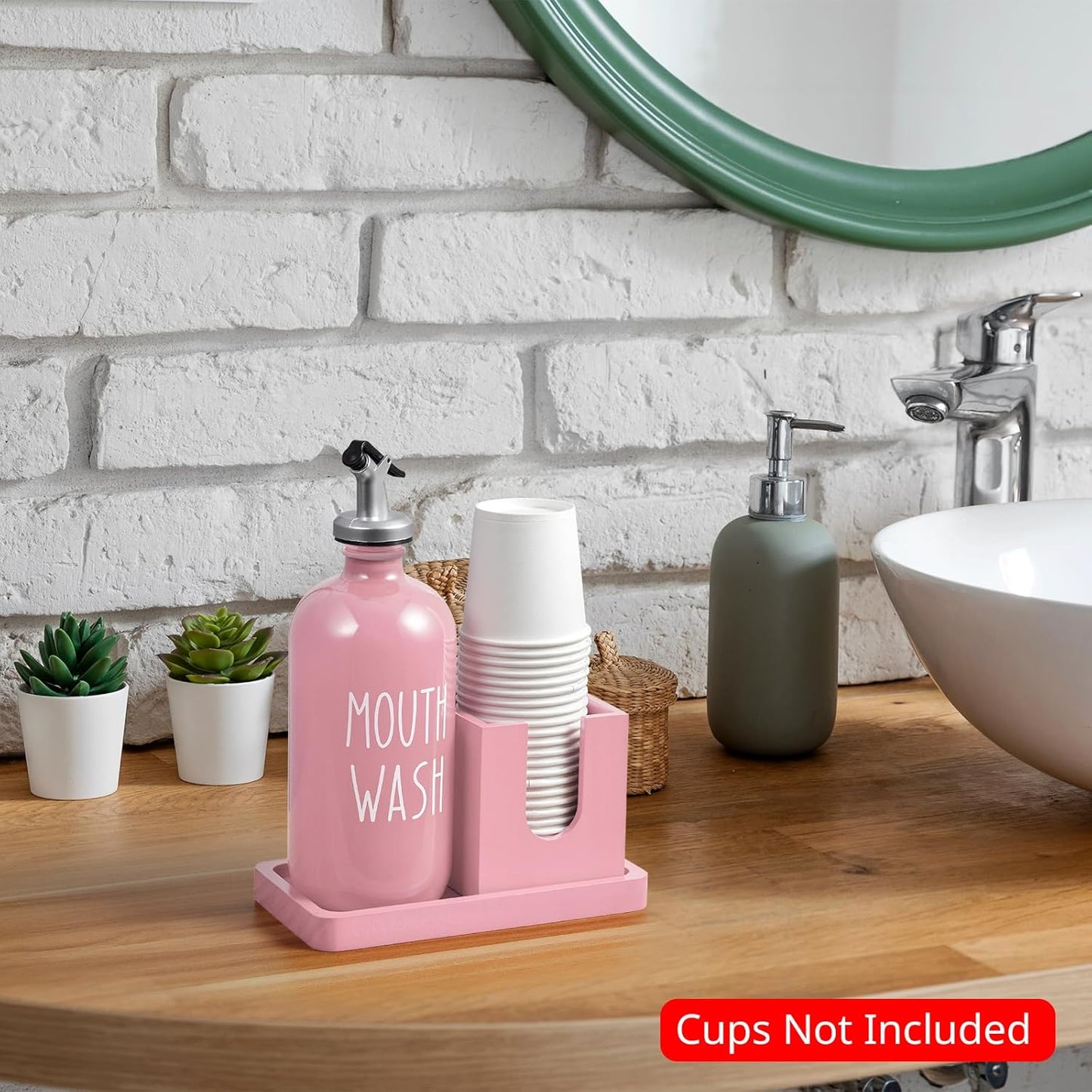 Skiennix Glass Mouthwash Dispenser - 16 OZ with Pour Spout & Wood Cup Holder | Pink Farmhouse Decor