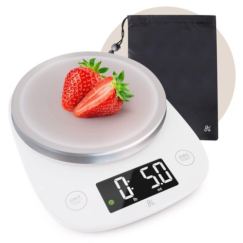 Greater Goods Digital Kitchen Scale - LCD Display, Weighs Grams & Ounces, Up to 11 lbs, White