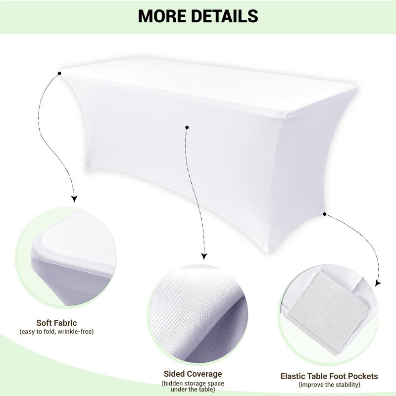Obstal 6ft Stretch Spandex Table Cover - 2 Pack Universal Rectangular Fitted Tablecloth Protector for Wedding, Banquet and Party, White