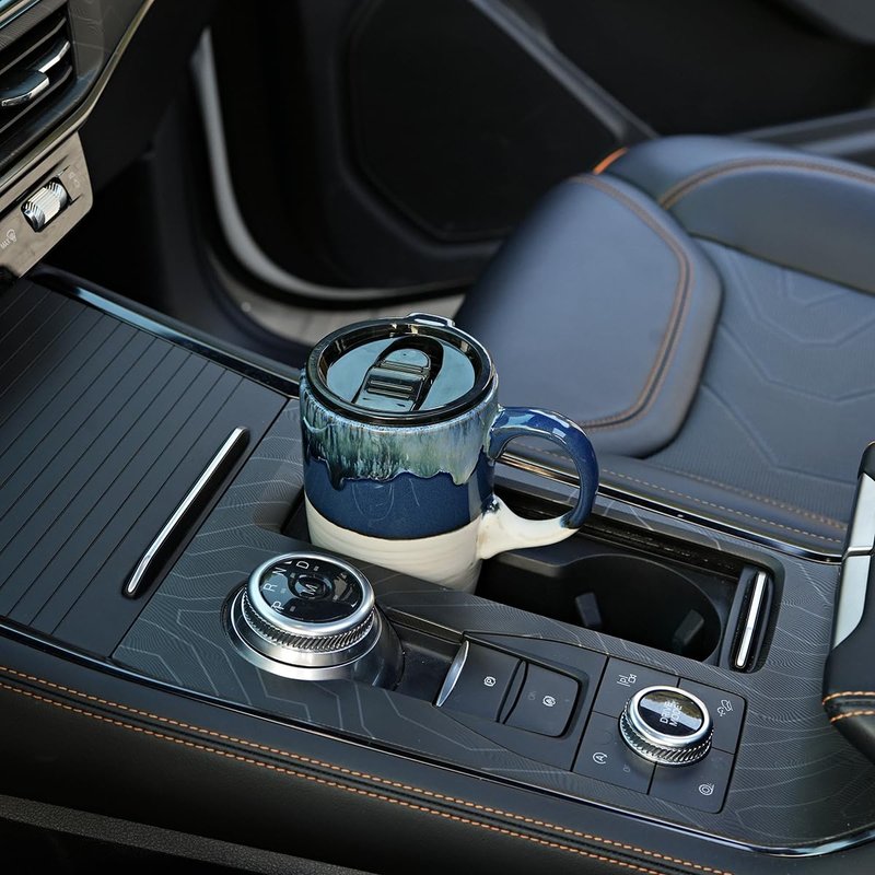 Bosmarlin Ceramic Travel Coffeel Mug with Handle and Lid, 18 oz, Portable Coffee Cup for Car Cup Holder, Microwave and Dishwasher Safe, Reactive Glaze (Deep Blue)