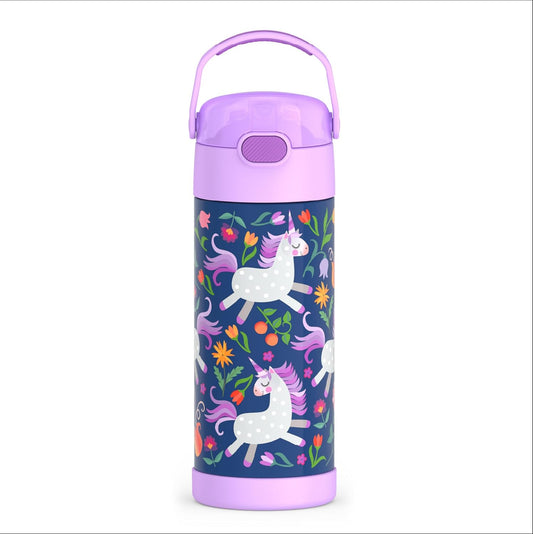 THERMOS FUNTAINER Water Bottle - 12 Ounce Kids Stainless Steel Vacuum Insulated with Straw | Unicorn Blooms