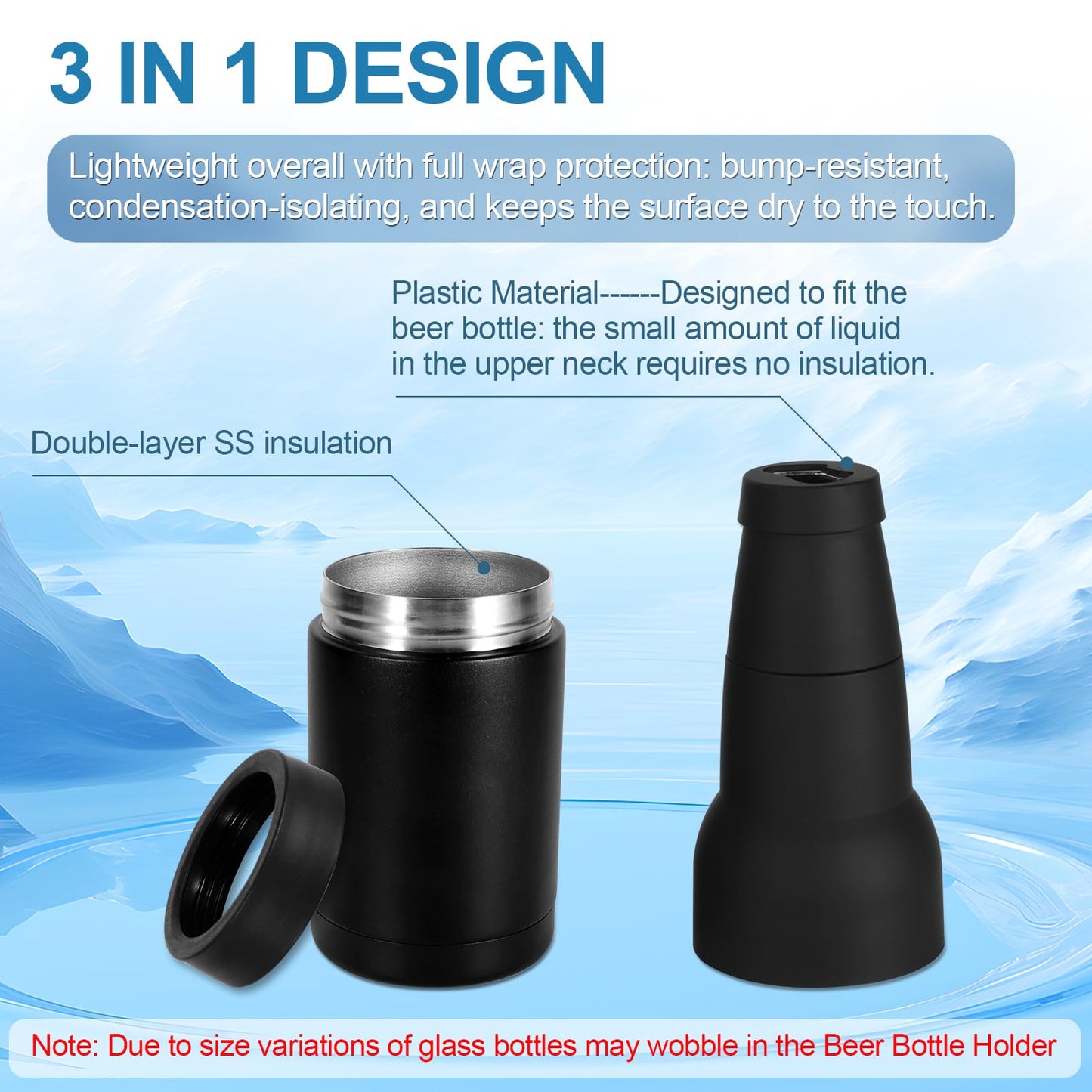 Hgkeke 12oz Universal Beer Bottle Holder Double Walled SS Beer Bottle Cooler 3 in 1 Can Koozie with Beer Opener Vacuum Insulated - fit Fishing,Camping Outdoor Activities and Nice Gift for Men(Black)